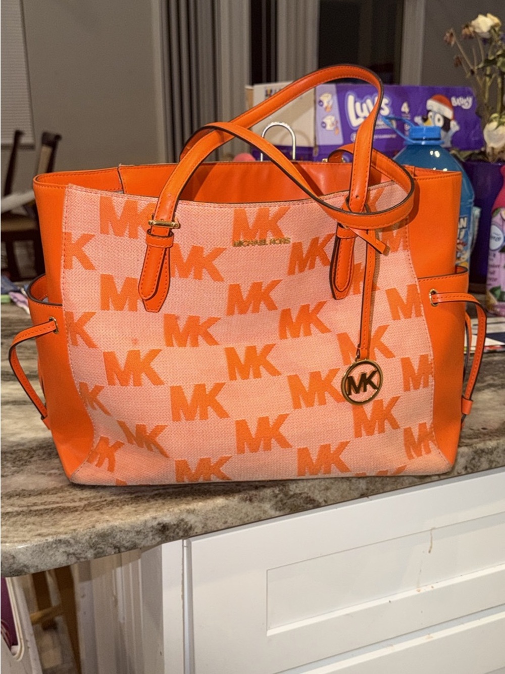 Michael Kors Orange MK Signature Canvas Tote with Charm